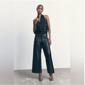 Zara Black Faux Leather Wide Leg Pants High Waist Office Party Holiday NEW  XS
